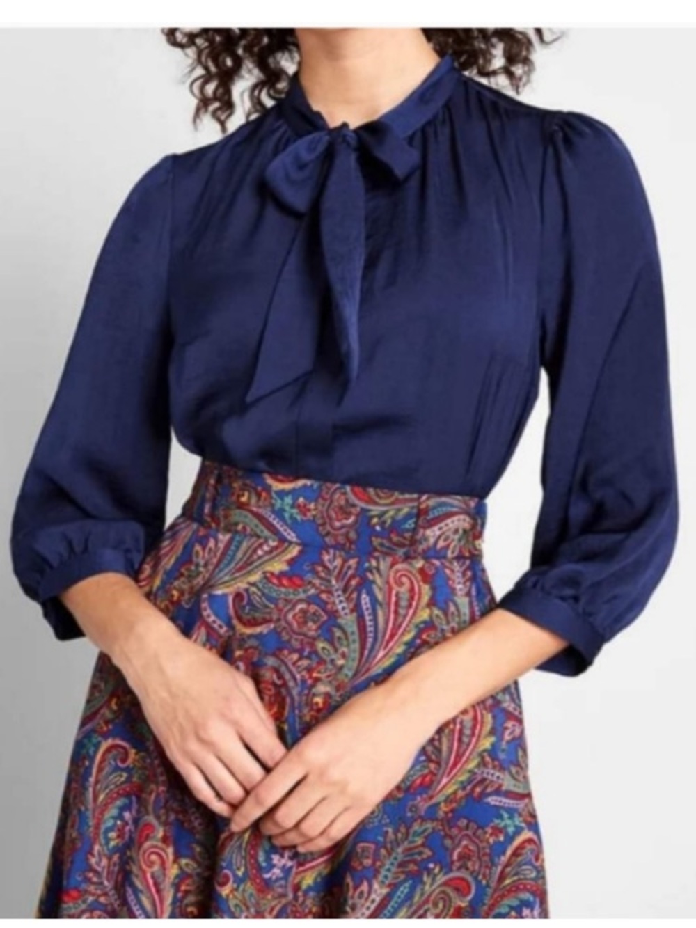 Modcloth Bow Neckline Hidden Button-Up Blouse Career Preppy Blue XS